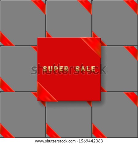 Seamless background. Red box with a golden inscription. In the background gray boxes. On boxes at the corners of the tape. Sales, online business, web banner, poster, flyer, advertisement, teamplate.