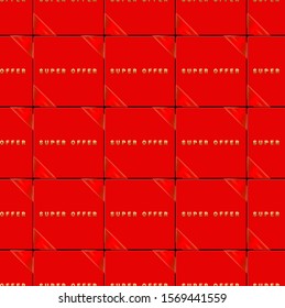 Seamless background, red boxes with ribbons in the corners. Golden text. Sales, online business, web banner, online advertising, marketing.