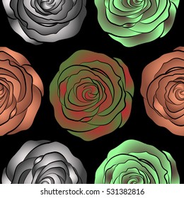 Seamless background in red, brown and green roses. Vector seamless background with colored spots.