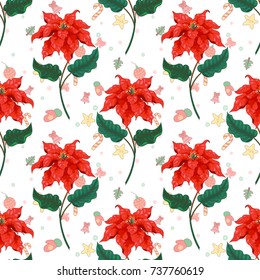 Seamless background with red Christmas Stars-poinsettia. Winter pattern contains stars, candies, mittens, Christmas toys and snowflakes