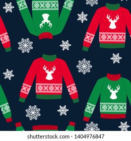 Seamless background with red Christmas sweater with deer