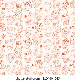 Seamless background with red doodle sketch cupcakes.