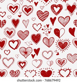 Seamless background with red doodle sketch hearts. Vector illustration.