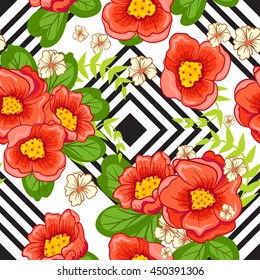 Seamless background with red flowers and abstract geometric designs. Bright, beautiful background for your design.