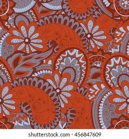 Seamless background with red flowers and leaves.
