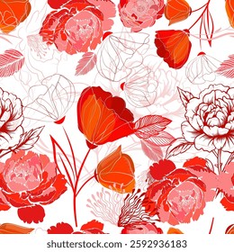 Seamless background red flowers. Not AI, Vector illustration