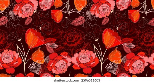 Seamless background red flowers. Not AI, Vector illustration