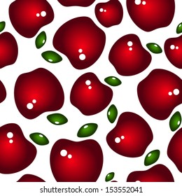 Seamless background with red glossy apples and leaves. Vector illustration.