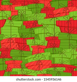 Seamless background with red and green presents. Christmas or Birthday illustration with gift boxes can be used for backdrops, wrapper, holiday cards, children's holiday or clothing design.