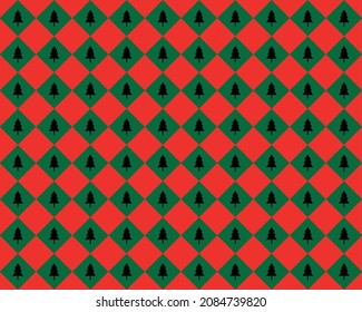 Fondo sin fisuras de rombombos rojos y verdes con siluetas negras de árboles de Navidad