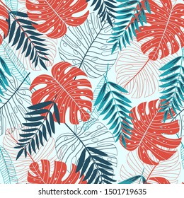 Seamless background with red and green tropical leaves and plants on white background. Printing on Wallpaper, fabric, textiles. Vector template. Hawaiian ornament. Botanical seamless pattern.