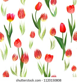 Seamless background with red hand draw and realistic tulips mix. Vector illustration.