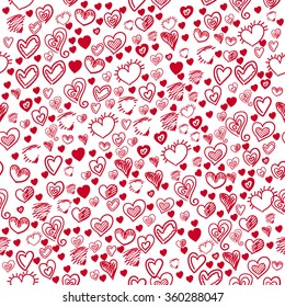 seamless background with red hearts hand-drawn on white background vector