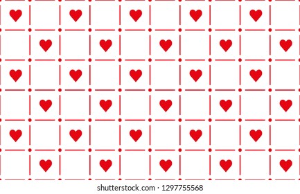 seamless background of red hearts, lines and dots on white