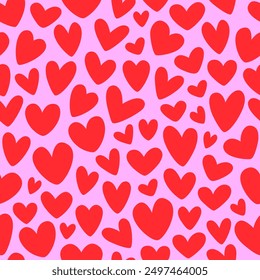 Seamless background of red hearts, stylized hearts of different shapes on a pink background. Hearts for Valentine's Day. Vector illustration. Love and wedding symbols. Endless background of hearts