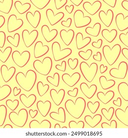 Fondo sin fisuras de corazones rojos, corazones estilizados de diferentes Formas sobre un fondo amarillo. Corazones para San Valentín. Ilustración vectorial. Símbolos de amor y boda. Fondo sin fin de corazones