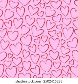 Seamless background of red hearts, stylized hearts of different shapes on a pink background. Hearts for Valentine's Day. Vector illustration. Love and wedding symbols. Endless background of hearts