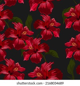 Seamless background with red hibicus flowers illustration.