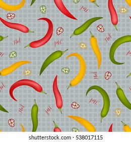 Seamless background of red hot chili peppers with seeds. Pattern.