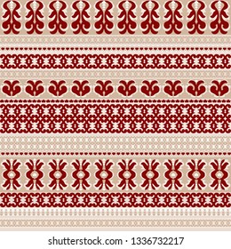 Seamless background with red patterns and small hearts