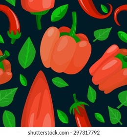 seamless background with red peppers, green leaves and dark blue back
