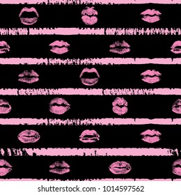 Seamless background of red, pink, black lips on retro pop up grunge brush  background. Stylish gothic endless wrapping paper for Valentine day adult sex shop merchandise. Vector.   