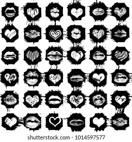 Seamless background of red, pink, black hearts and lips on retro pop up grunge brush  background. Stylish gothic endless wrapping paper for Valentine day adult sex shop merchandise. Vector.   