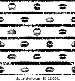 Seamless background of red, pink, black lips on retro pop up grunge brush  background. Stylish gothic endless wrapping paper for Valentine day adult sex shop merchandise. Vector.   