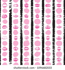 Seamless background of red, pink, black lips on retro pop up grunge brush  background. Stylish gothic endless wrapping paper for Valentine day adult sex shop merchandise. Vector.   