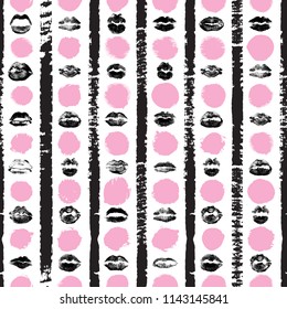 Seamless background of red, pink, black lips on retro pop up grunge brush  background. Stylish gothic endless wrapping paper for Valentine day adult sex shop merchandise. Vector.   