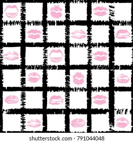 Seamless background of red, pink, black lips on retro pop up grunge brush  background. Stylish gothic endless wrapping paper for Valentine day adult sex shop merchandise. Vector.   