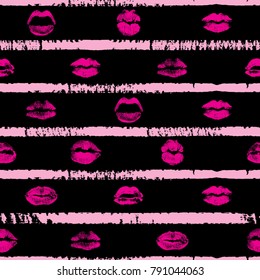 Seamless background of red, pink, black lips on retro pop up grunge brush  background. Stylish gothic endless wrapping paper for Valentine day adult sex shop merchandise. Vector.   