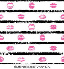 Seamless background of red, pink, black lips on retro pop up grunge brush  background. Stylish gothic endless wrapping paper for Valentine day adult sex shop merchandise. Vector.   
