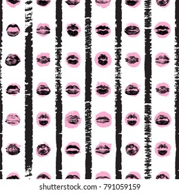 Seamless background of red, pink, black lips on retro pop up grunge brush  background. Stylish gothic endless wrapping paper for Valentine day adult sex shop merchandise. Vector.   