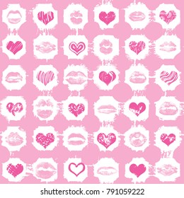 Seamless background of red, pink, black hearts and lips on retro pop up grunge brush  background. Stylish gothic endless wrapping paper for Valentine day adult sex shop merchandise. Vector.   