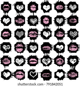 Seamless background of red, pink, black hearts and lips on retro pop up grunge brush  background. Stylish gothic endless wrapping paper for Valentine day adult sex shop merchandise. Vector.   