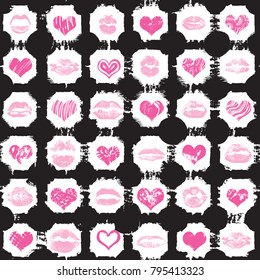 Seamless background of red, pink, black hearts and lips on retro pop up grunge brush  background. Stylish gothic endless wrapping paper for Valentine day adult sex shop merchandise. Vector.   
