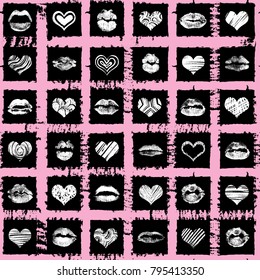 Seamless background of red, pink, black hearts and lips on retro pop up grunge brush  background. Stylish gothic endless wrapping paper for Valentine day adult sex shop merchandise. Vector.   