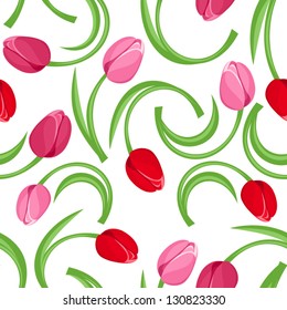 Seamless background with red and pink tulips. Vector illustration.