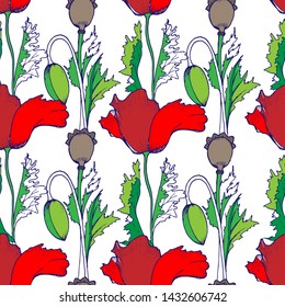 Seamless background of red poppies on white background. Vector graphics.