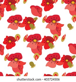 Seamless background with red poppies on white background. Floral ornament with wildflowers. Background for your design and decor.