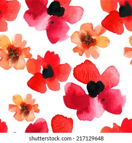 Seamless background with red poppies watercolor on white . Floral ornament with wild flowers.