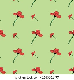 Seamless background with red poppy. Endless pattern with flowers on light green  background. Vector image. 