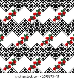 Seamless background with red roses and geometric ornaments. Design for cloth, wallpaper, gift wrapping. Print for silk, calico and home textiles.Vintage natural pattern