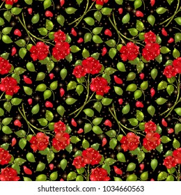 Seamless Background with Red Roses and Green Leaves, Pretty Flowers and Golden Shiny Sparks on Black, Tile Floral Pattern for Your Holiday Design. Eps10, Contains Transparencies. Vector