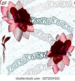 Seamless background with red roses and lace. Abstract floral seamless pattern with two red roses on white lacy background. Vector illustration in fantasy romantic style