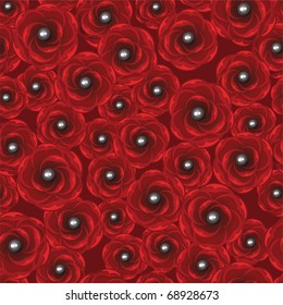 Seamless background with red roses and pearls