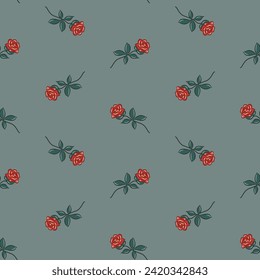 Seamless background with red roses. Simple vector pattern on a green background.