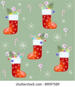 Seamless background. Red Santa's boot with gifts.