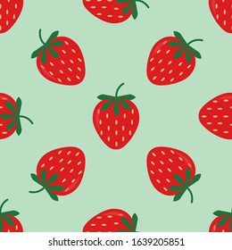 Seamless background with red strawberries. Cute vector strawberry pattern. Summer fruit illustration on blue background.